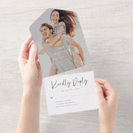 シックエレガントモダンシンプルフォトズ結婚ーズ オールインワン招待状 (貼ってはがせる)