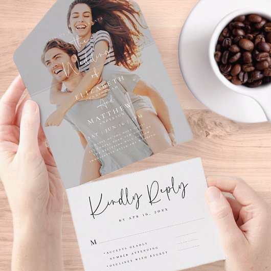 シックエレガントモダンシンプルフォトズ結婚ーズ オールインワン招待状