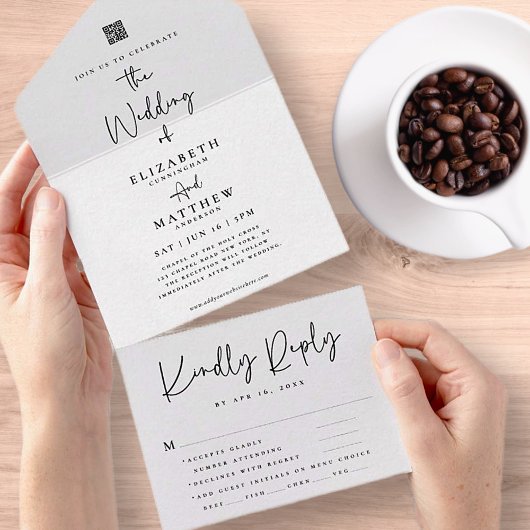 シックエレガントモダンシンプルQR食事オプシ結婚ョン オールインワン招待状