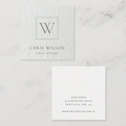 シックエレガントモノグラムアイボリーホワイトレザーテクスチャ スクエア名刺 (正面/裏面)
