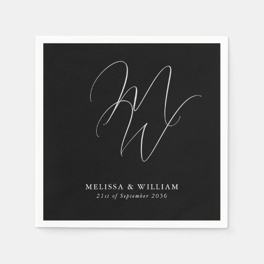 シックエレガントモノグラモダンムブラック結婚ズ スタンダードカクテルナプキン (正面)