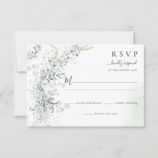 シックエレガントユーカリプタスボタニカルセージ結婚ズ 出欠カード (正面)