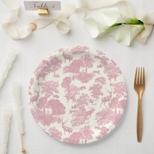 シックエレガントライトピンクトイレディアウッドランド ペーパープレート (ウェディング)