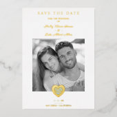 シックエレガントライトブルー&金ゴールドハートフォトカップル 箔招待状 (正面)