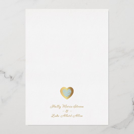 シックエレガントライトブルー&金ゴールドハートフォトカップル 箔招待状 (裏面)