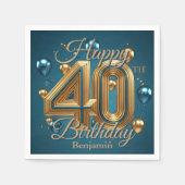 シックエレガントラグジュアリーブルーと金ゴールド40歳の誕生日 スタンダードカクテルナプキン (正面)