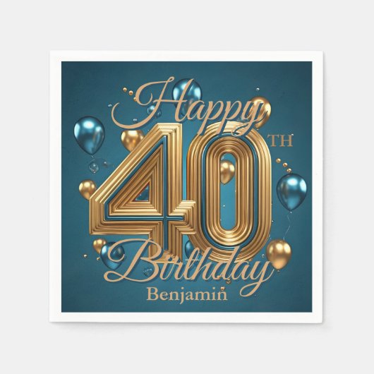 シックエレガントラグジュアリーブルーと金ゴールド40歳の誕生日 スタンダードカクテルナプキン (正面)