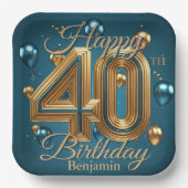 シックエレガントラグジュアリーブルーと金ゴールド40歳の誕生日 ペーパープレート (正面)