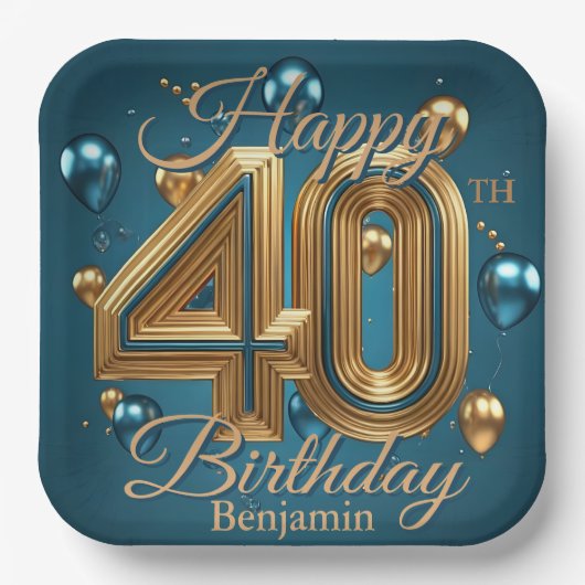 シックエレガントラグジュアリーブルーと金ゴールド40歳の誕生日 ペーパープレート (正面)