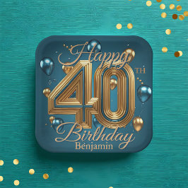 シックエレガントラグジュアリーブルーと金ゴールド40歳の誕生日 ペーパープレート