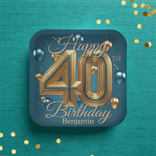 シックエレガントラグジュアリーブルーと金ゴールド40歳の誕生日 ペーパープレート