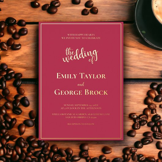 シックエレガントラグジュアリーマゼンタ金ゴールドフレーム結婚ズ 箔招待状