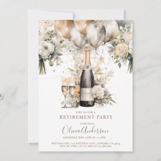 シックエレガントリタイアパーティー |シャンパンバルーン 招待状 (正面)