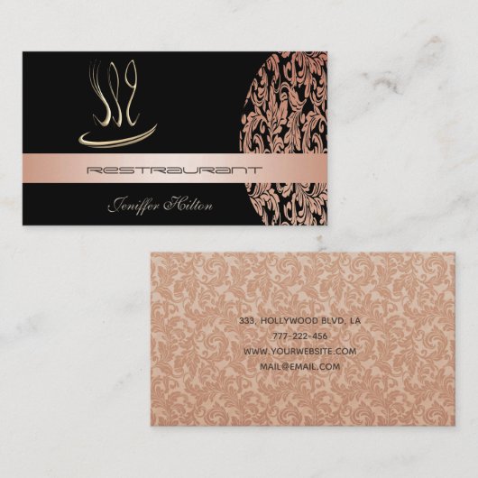 シックエレガントレストラン/ケータリングダマスクヴィンテージ 名刺 (正面/裏面)