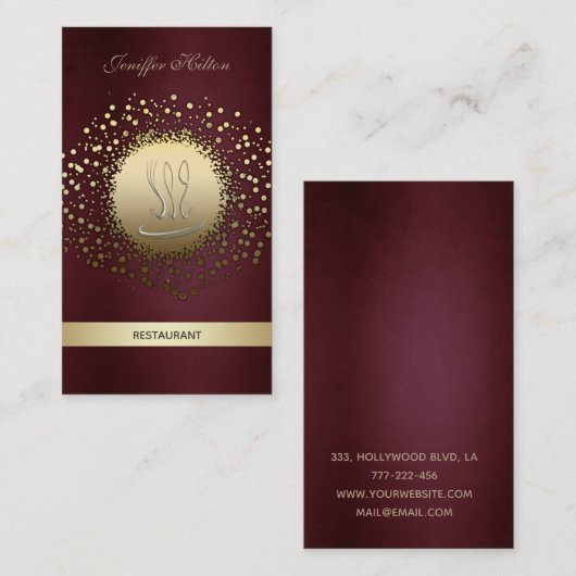 シックエレガントレストラン/ケータリング紙吹雪ヴィンテージ 名刺 (正面/裏面)