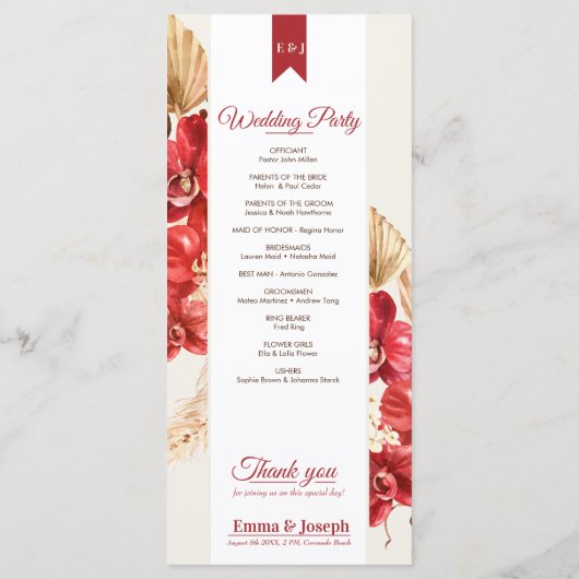 シックエレガントレッドオーキッド秋カスタムウェディング プログラム (裏面)