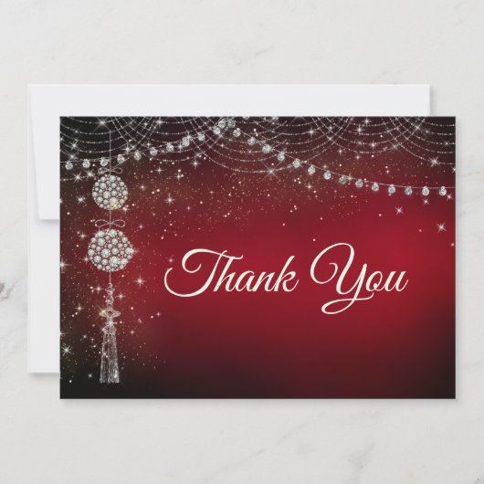 シックエレガントレッドオーナメントクリスマス招待状 サンキューカード (正面)