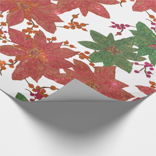 シックエレガントレッドグリーングリッタークリスマスフローラ ラッピングペーパー (角)