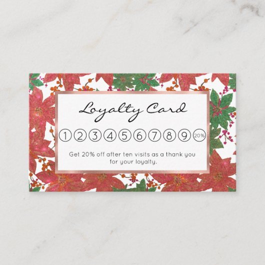 シックエレガントレッドグリーングリッタークリスマスフローラ ロイヤリティカード (正面)
