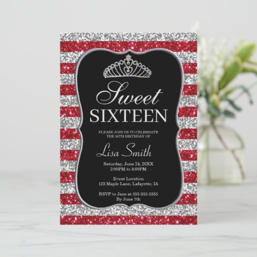 シックエレガントレッドシルバーグリッターティアラスウィート16 招待状 (スタンド正面)