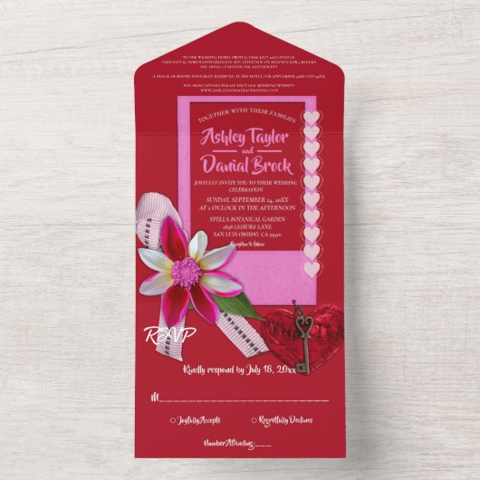 シックエレガントレッドフォーマルバレンロマン結婚ス オールインワン招待状 (内側)