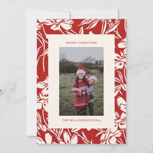 シックエレガントレッドフローラ植物性クリスマスフォト シーズンカード (正面)