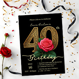 シックエレガントレッドローズ&金ゴールド第40回誕生日 招待状