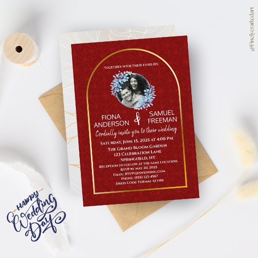 シックエレガントレッド金ゴールドカスタムフォト結婚ズ 招待状