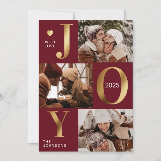 シックエレガントレッド金ゴールドフォトコラージュ喜びクリスマス シーズンカード (正面)