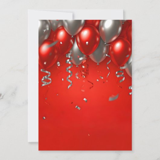 シックエレガントレッド&シルバーのバルーン誕生日パーティー 招待状 (裏面)
