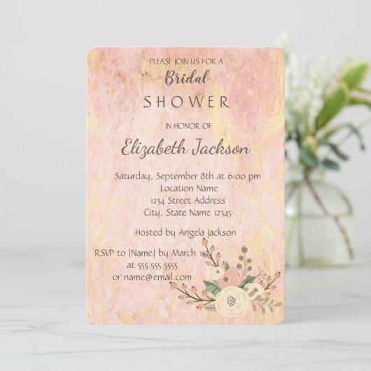 シックエレガントローズマーブルフローラブライダルシャワー 招待状 (スタンド正面)