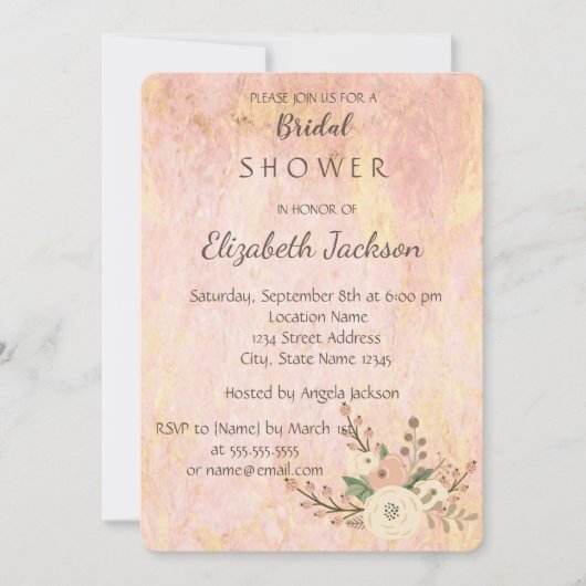 シックエレガントローズマーブルフローラブライダルシャワー 招待状 (正面)
