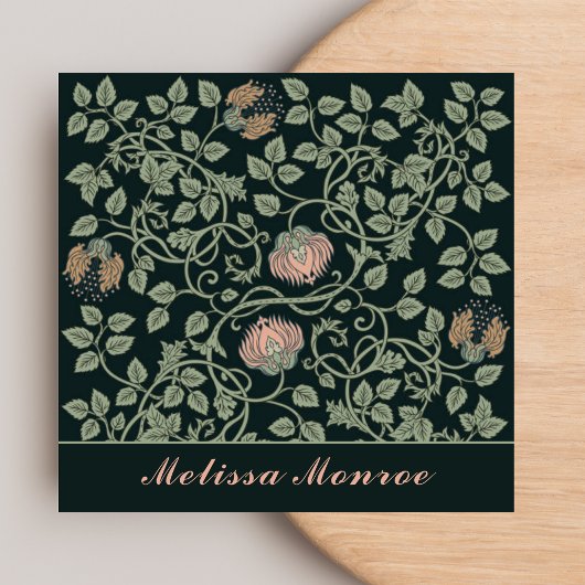 シックエレガントワイルドフラワーズボタニカルブラック&ピンク スクエア名刺