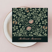 シックエレガントワイルドフラワーズボタニカルブラック&ピンク スクエア名刺