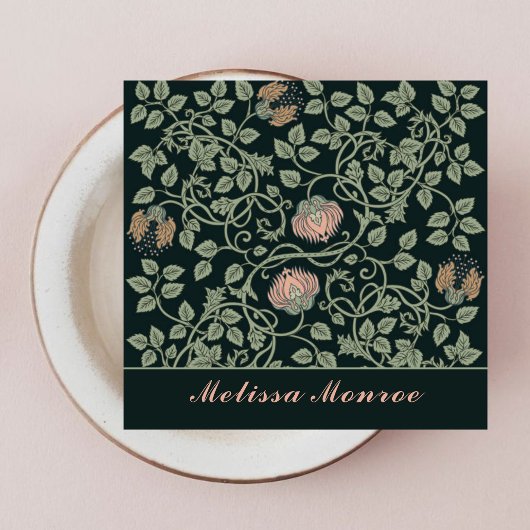 シックエレガントワイルドフラワーズボタニカルブラック&ピンク スクエア名刺