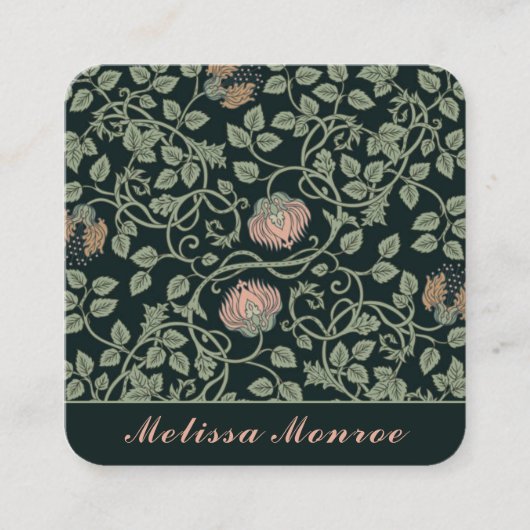 シックエレガントワイルドフラワーズボタニカルブラック&ピンク スクエア名刺 (正面)