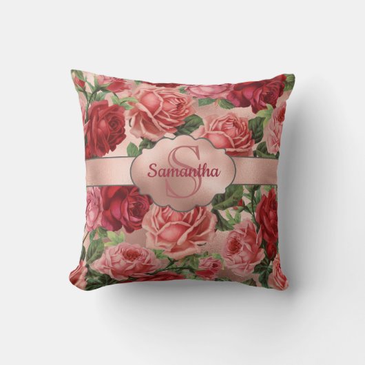 シックエレガントヴィンテージピンクレッドローズフローラ名 クッション (正面)