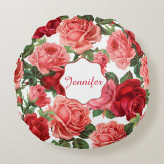 シックエレガントヴィンテージピンクレッドローズフローラ名 ラウンドクッション