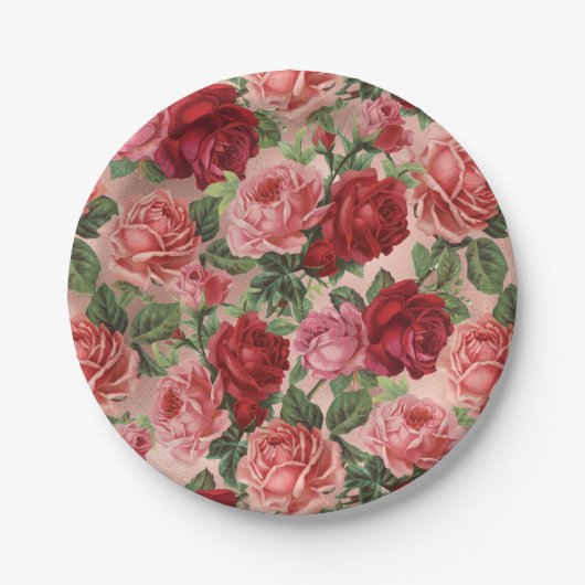 シックエレガントヴィンテージピンクレッドローゼスフローラ ペーパープレート (正面)
