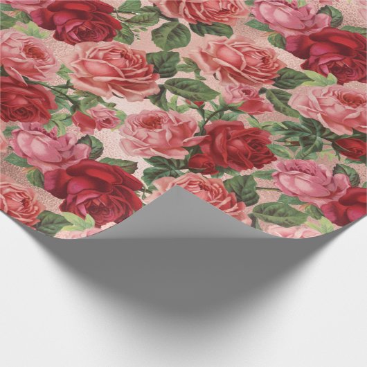 シックエレガントヴィンテージピンクレッドローゼスフローラ ラッピングペーパー (角)