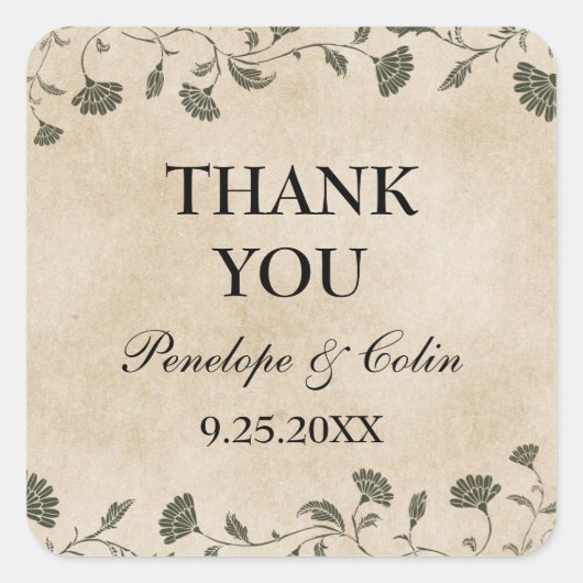 シックエレガントヴィンテージフローラ結婚の感謝 スクエアシール (正面)