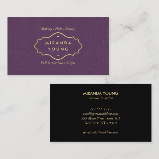 シックエレガントヴィンテージ金ゴールドエンブレムサロン、スパ紫 名刺 (正面/裏面)