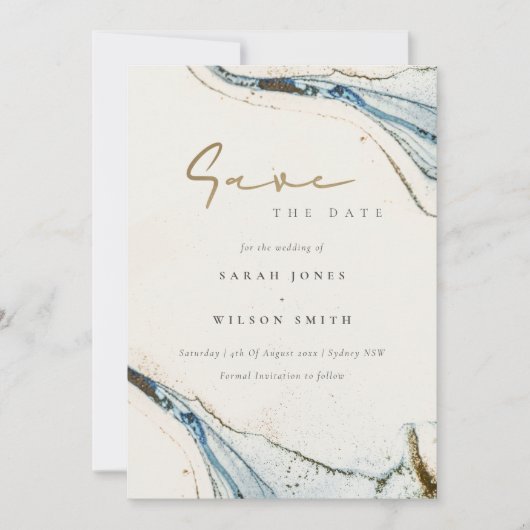 シックエレガント抽象芸術ウォーターカラーブルー金ゴールドビーチイ セーブザデート (正面)