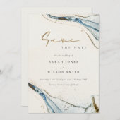 シックエレガント抽象芸術ウォーターカラーブルー金ゴールドビーチイ セーブザデート (正面/裏面)