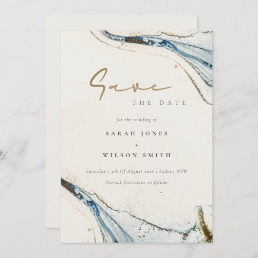 シックエレガント抽象芸術ウォーターカラーブルー金ゴールドビーチイ セーブザデート (正面/裏面)