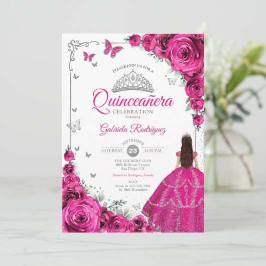 シックエレガント明るい赤紫色ピンクローズフローラキンセアニェラ 招待状 (スタンド正面)