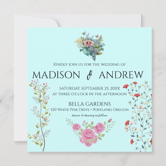 シックエレガント書道水彩青フローラ 招待状 (正面)