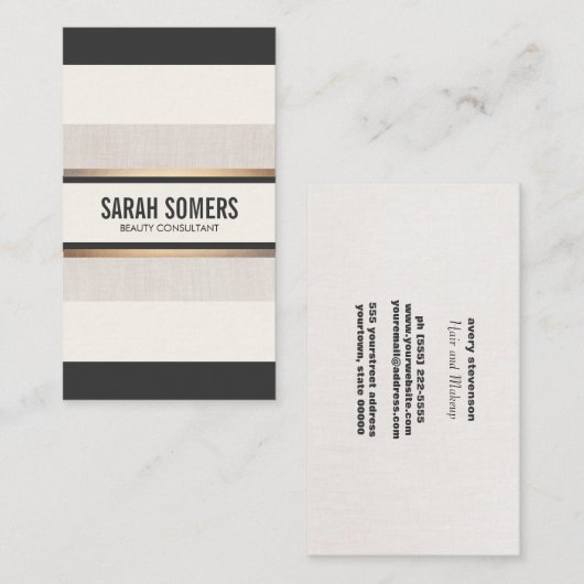 シックエレガント白黒ストライプ金ゴールド 名刺 (正面/裏面)