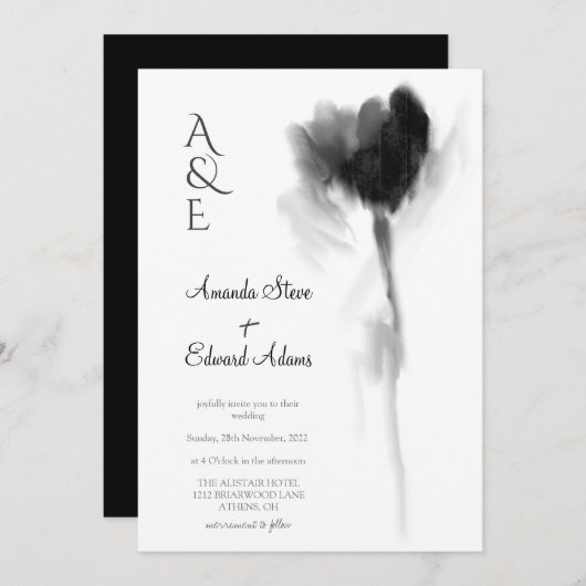 シックエレガント白黒チューリップフローラ結婚 招待状 (正面/裏面)