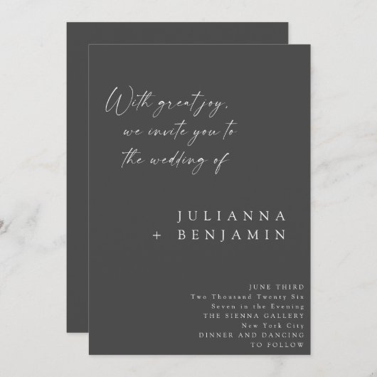 シックエレガント白黒ミニマリスト結婚スクリプト 招待状 (正面/裏面)